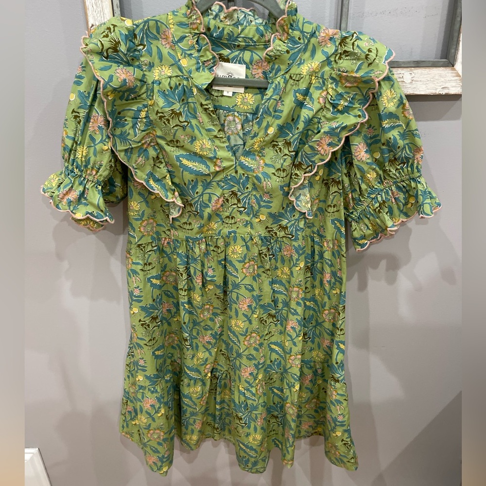 Umgee Light Green Floral Button-Up Dress with Pink & Blue Accents